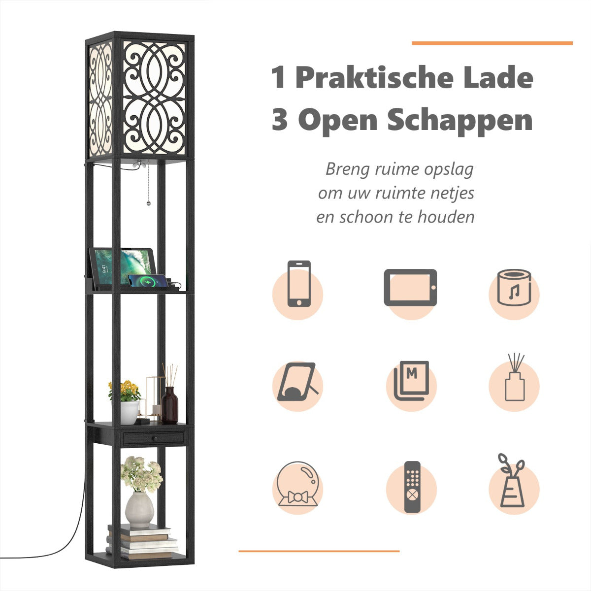 LIVSK Plank Vloerlamp met Stopcontact en USB-poorten - 3 Open Planken en Lade - Modern Design - 26 x 26 x 160,5 cm - Zwart