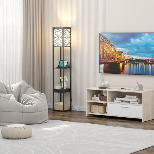 LIVSK Plank Vloerlamp met Stopcontact en USB-poorten - 3 Open Planken en Lade - Modern Design - 26 x 26 x 160,5 cm - Zwart
