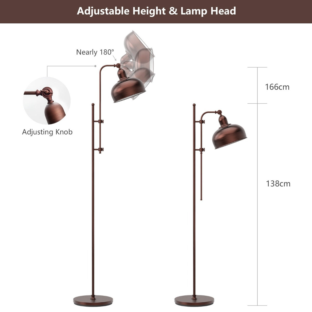 LIVSK Vloerlamp - Verstelbare Hoogte en Draaibare Lampenkap - Massief IJzeren Frame - E27 - Warm Licht - Brons