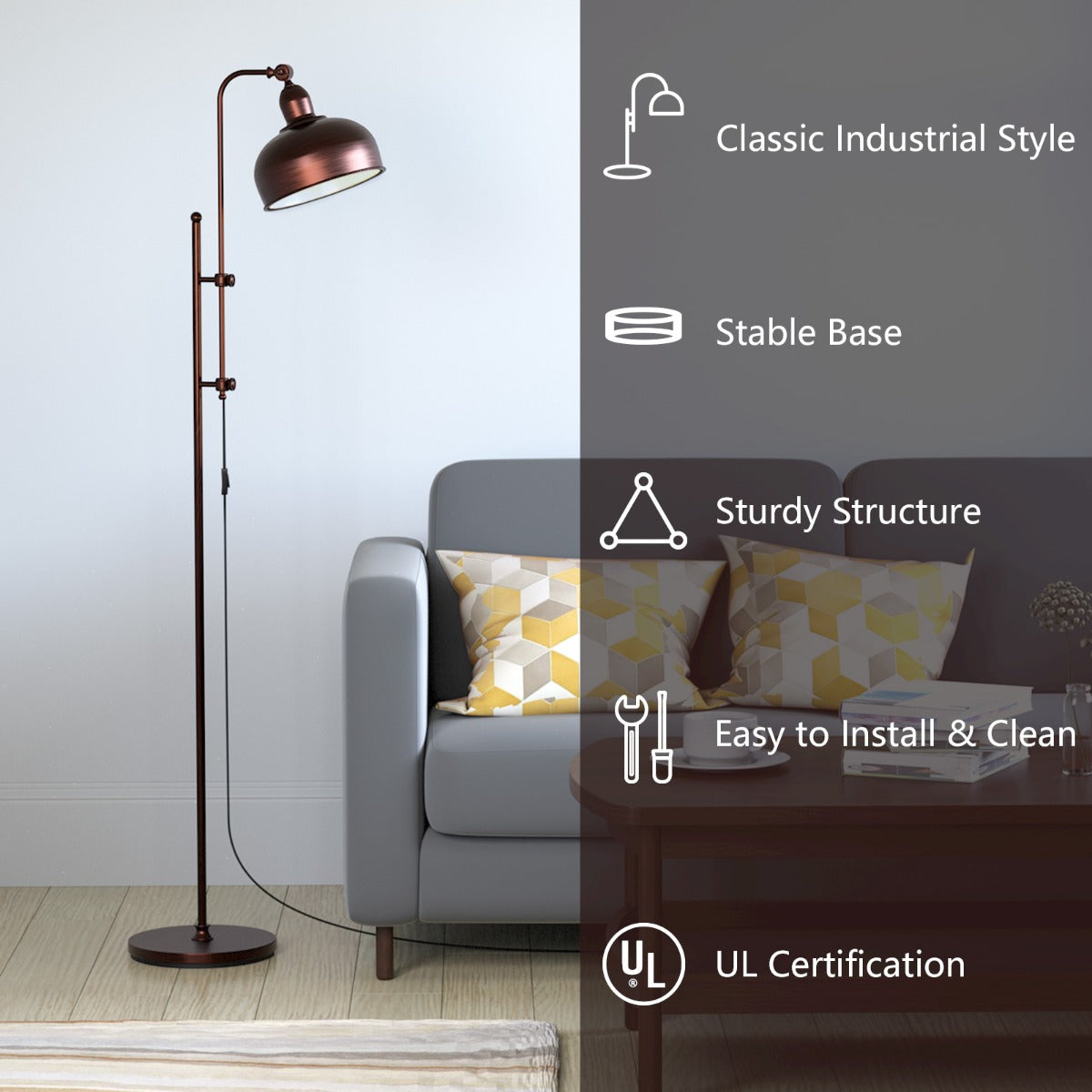 LIVSK Vloerlamp - Verstelbare Hoogte en Draaibare Lampenkap - Massief IJzeren Frame - E27 - Warm Licht - Brons