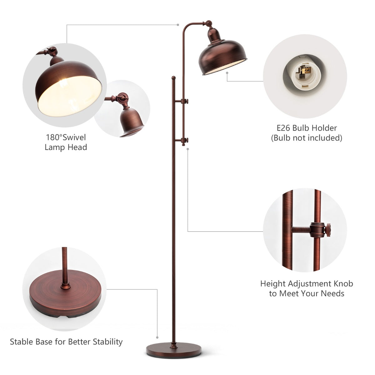 LIVSK Vloerlamp - Verstelbare Hoogte en Draaibare Lampenkap - Massief IJzeren Frame - E27 - Warm Licht - Brons