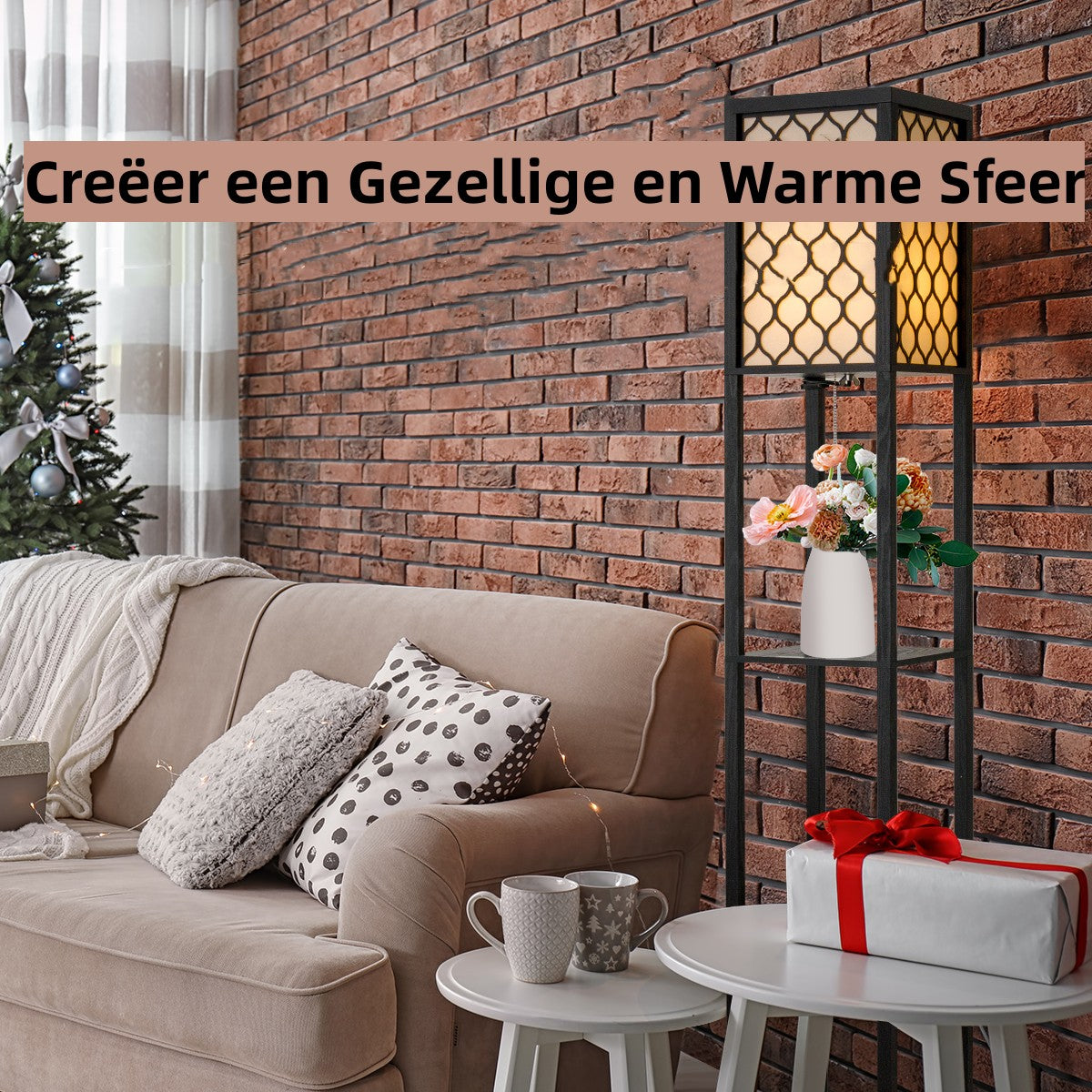 LIVSK Vloerlamp met Planken - Houten Frame - Warm Licht - Eenvoudig te Monteren - Zwart - Gebroken Wit