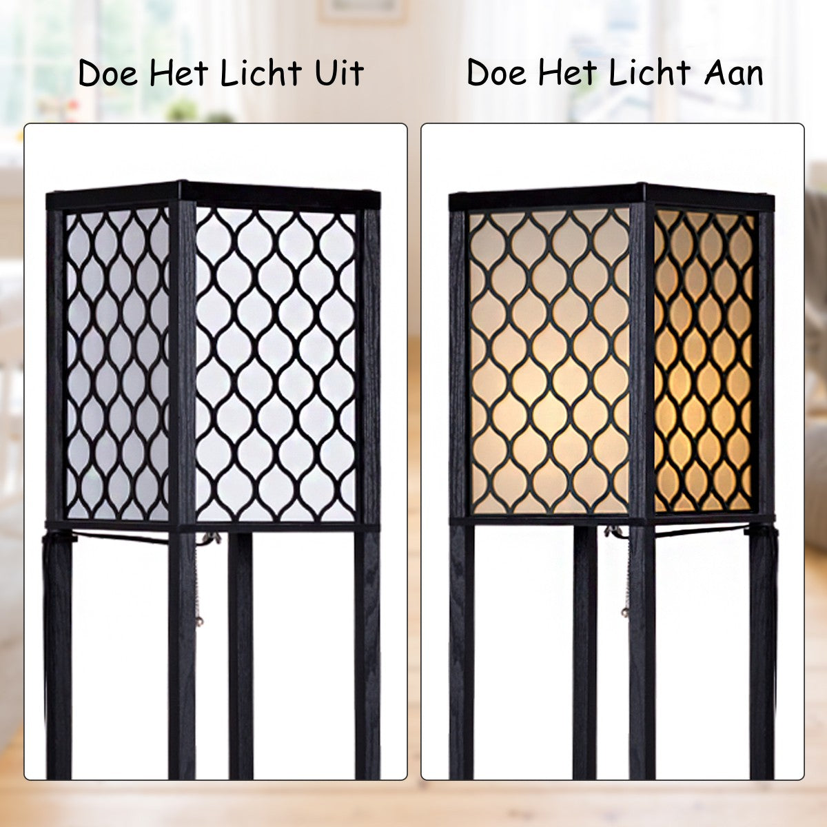 LIVSK Vloerlamp met Planken - Houten Frame - Warm Licht - Eenvoudig te Monteren - Zwart - Gebroken Wit