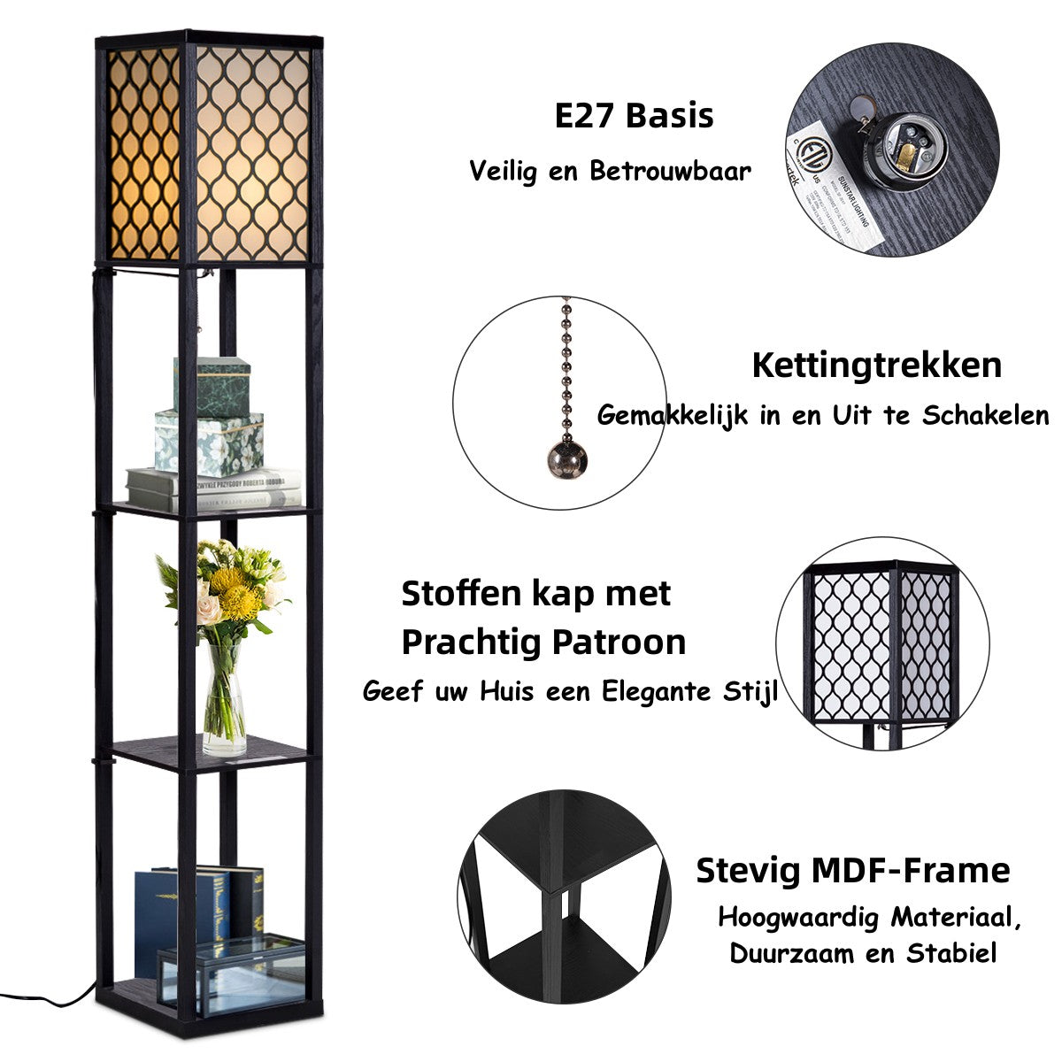 LIVSK Vloerlamp met Planken - Houten Frame - Warm Licht - Eenvoudig te Monteren - Zwart - Gebroken Wit