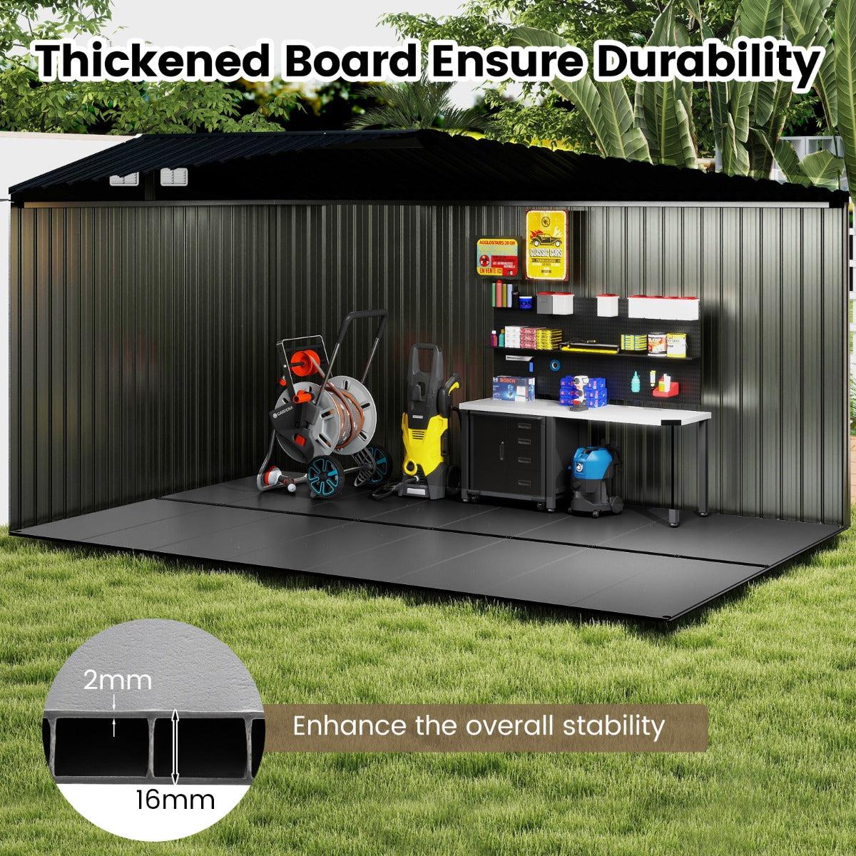 LIVSK Bodemmat voor Gereedschapsschuren - Antislip - Versterkte Planken - Duurzaam en Praktisch - 343 x 215 cm - Grijs