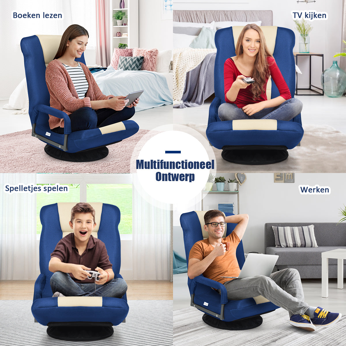 Livsk costway vloerstoel 360 draaibaar vloerstoel met gamestoel gevoerd vloerbank meditatiestoel tot 140 kg belastbaar blauw en wit 6