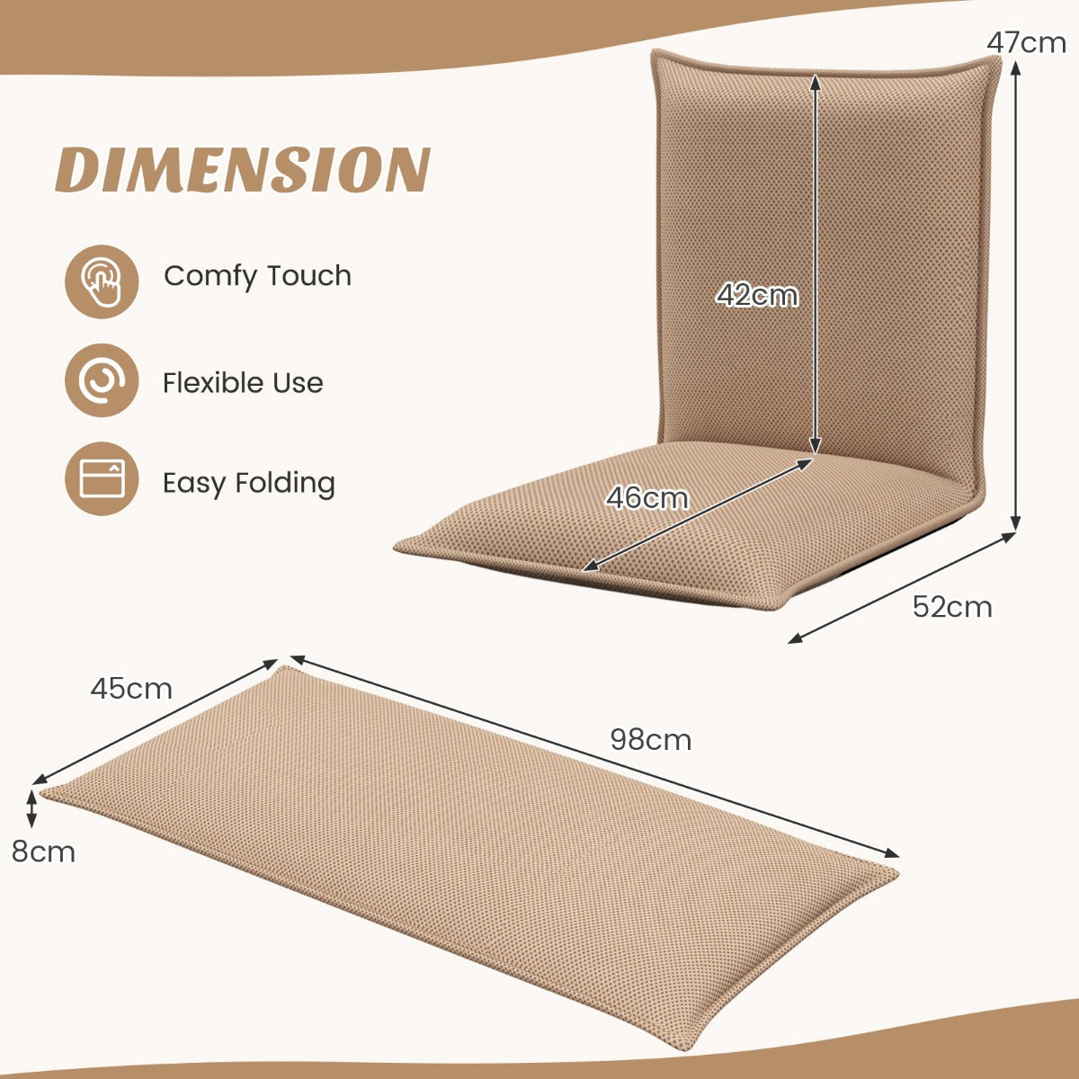 LIVSK Verstelbare Vloerstoel - Licht en Draagbaar - Sterk Metalen Frame - 6-traps Rugleuning - Tot 150 kg - Beige