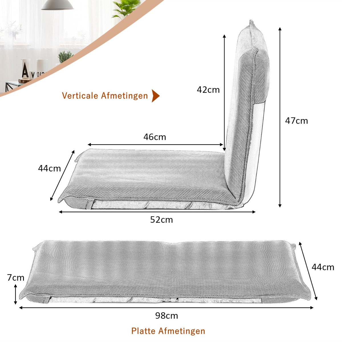 LIVSK Verstelbare Vloerstoel - Lichtgewicht met 6-Traps Rugleuning - Sterk Metalen Frame - Comfortabele Bekleding - Grijs