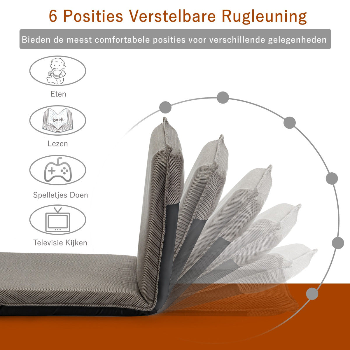 LIVSK Verstelbare Vloerstoel - Lichtgewicht met 6-Traps Rugleuning - Sterk Metalen Frame - Comfortabele Bekleding - Grijs