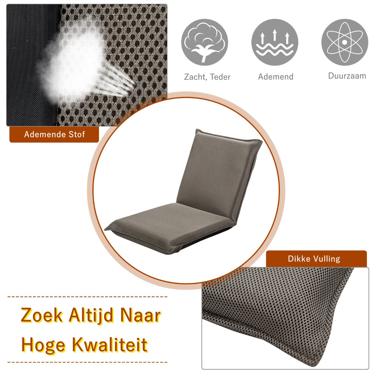 LIVSK Verstelbare Vloerstoel - Lichtgewicht met 6-Traps Rugleuning - Sterk Metalen Frame - Comfortabele Bekleding - Grijs