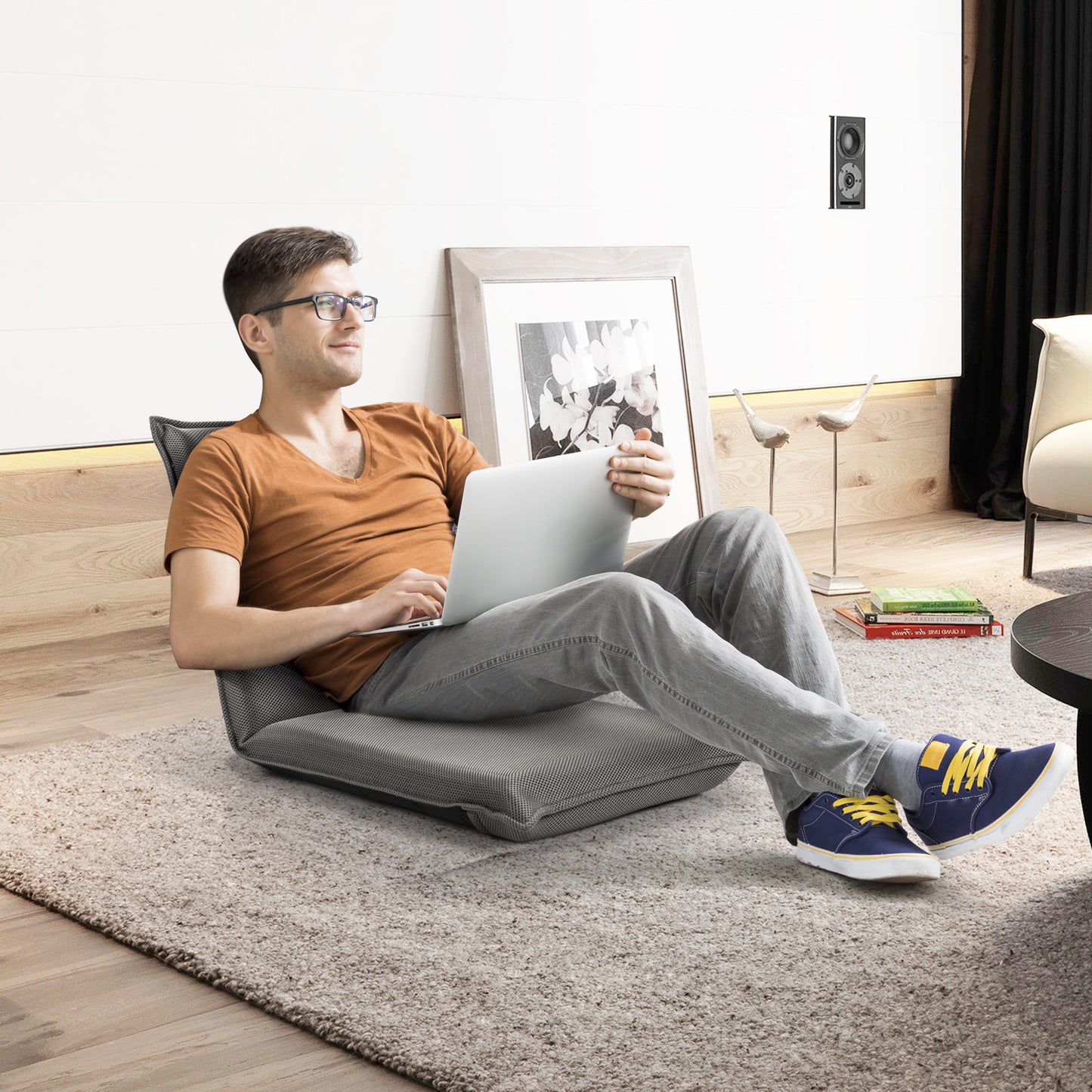 LIVSK Verstelbare Vloerstoel - Lichtgewicht met 6-Traps Rugleuning - Sterk Metalen Frame - Comfortabele Bekleding - Grijs