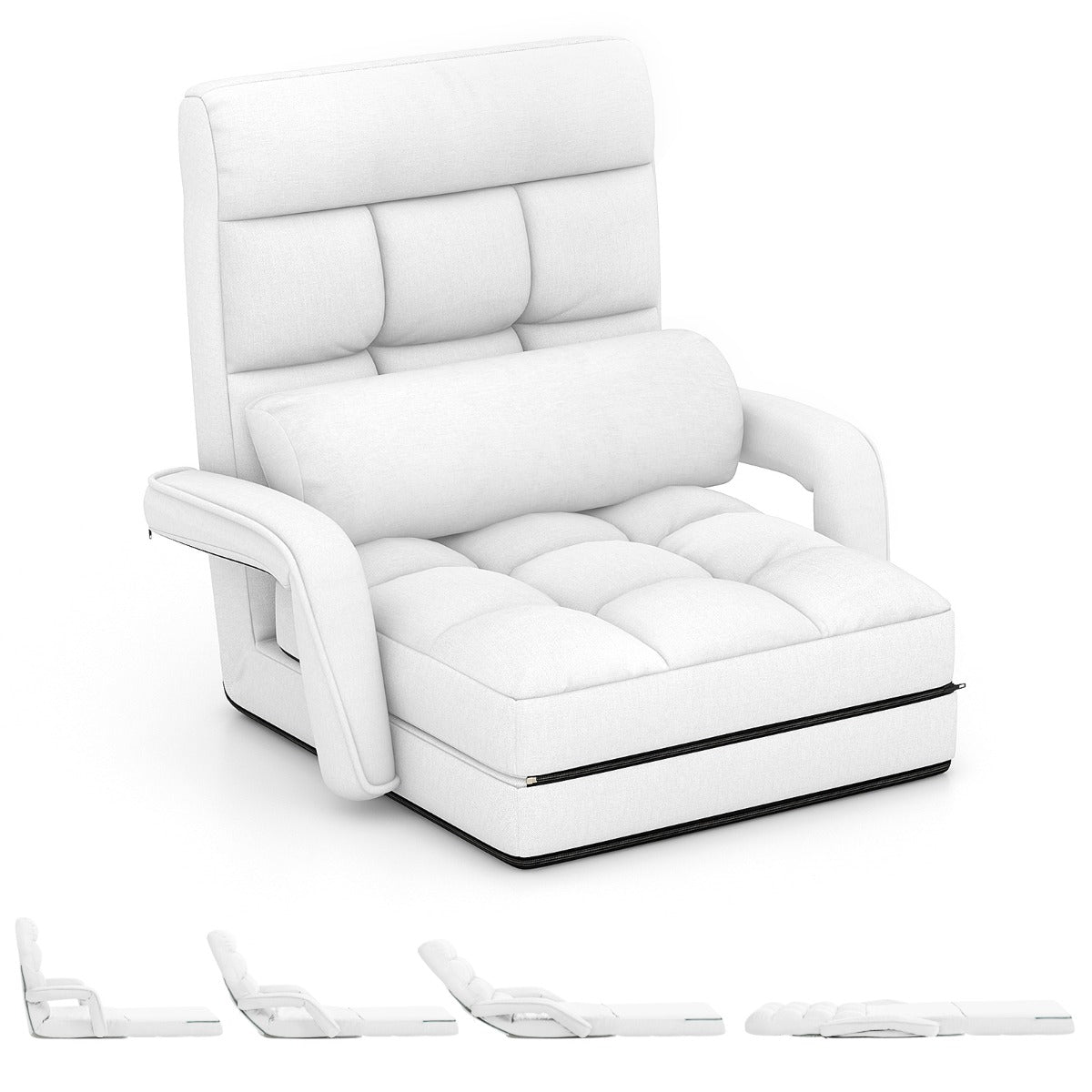 LIVSK Opvouwbare Vloerstoel - Verstelbare Rugleuning in 6 Standen - Ergonomisch en Comfortabel - Inclusief Kussen - Wit