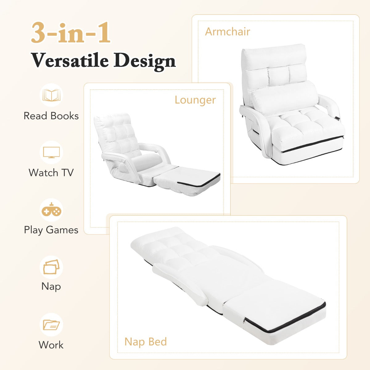 LIVSK Opvouwbare Vloerstoel - Verstelbare Rugleuning in 6 Standen - Ergonomisch en Comfortabel - Inclusief Kussen - Wit