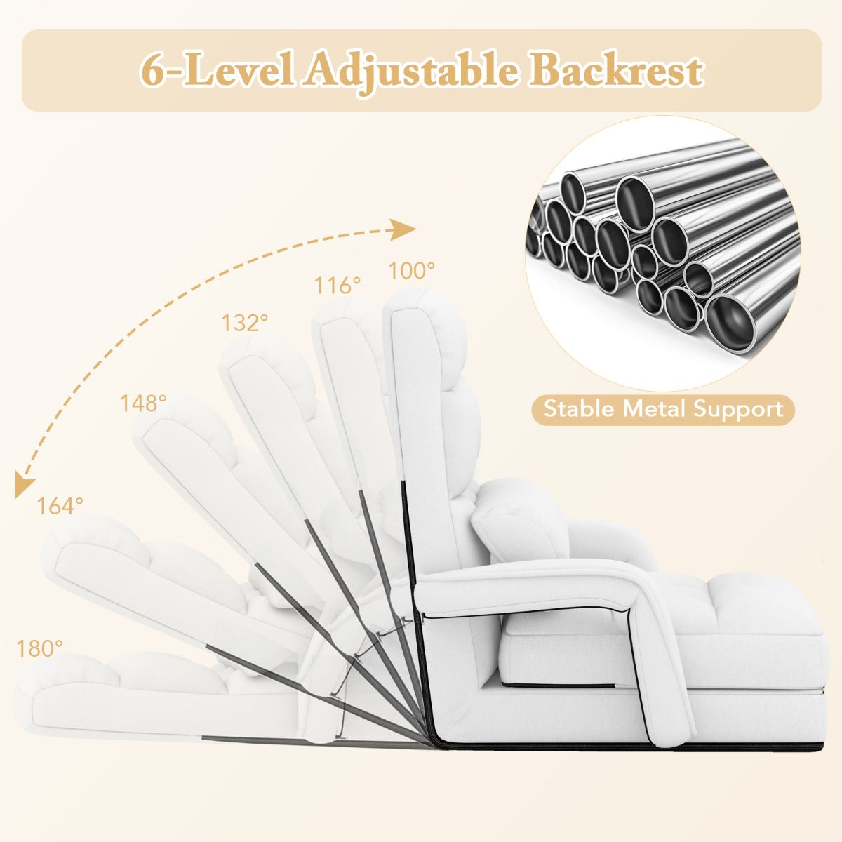 LIVSK Opvouwbare Vloerstoel - Verstelbare Rugleuning in 6 Standen - Ergonomisch en Comfortabel - Inclusief Kussen - Wit