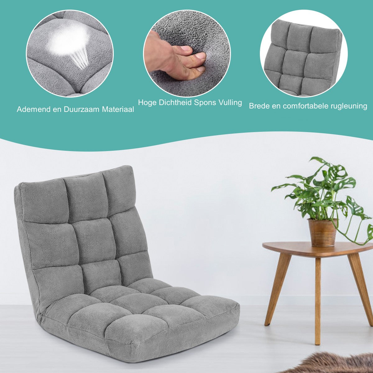LIVSK Lazy Sofa - Opvouwbaar met 14 Verstelbare Standen - Hoogwaardige Buisstaal en Spons - Voor Thuis en Kantoor - Grijs