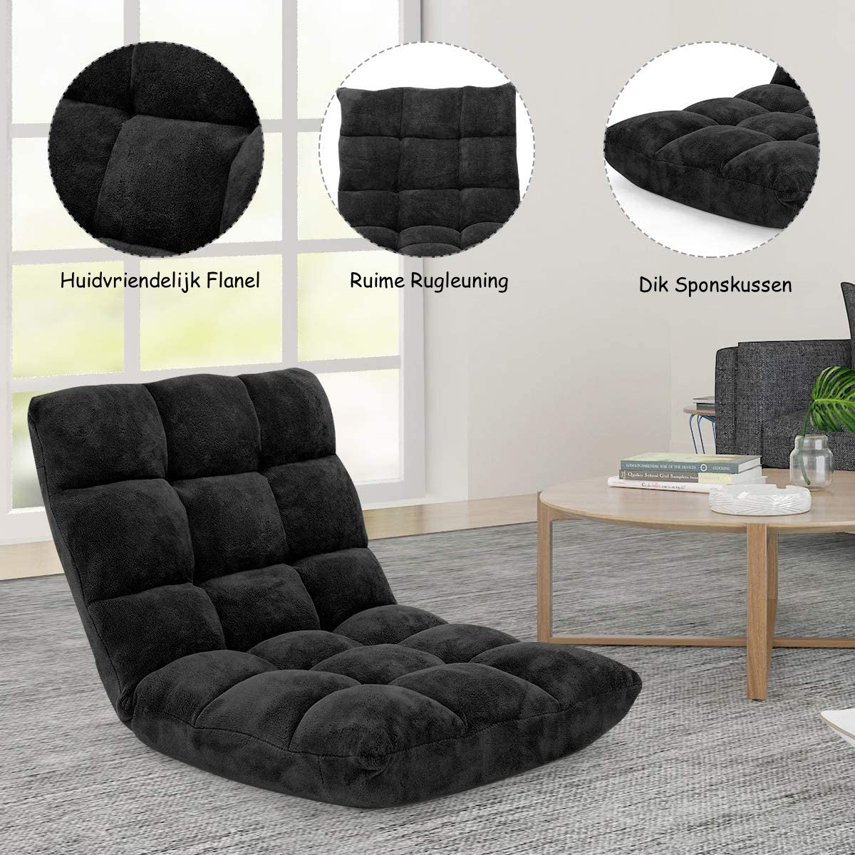 LIVSK Lazy Sofa - Opvouwbaar met 14 Verstelbare Standen - Geen Montage Nodig - Lichtgewicht en Comfortabel - Zwart