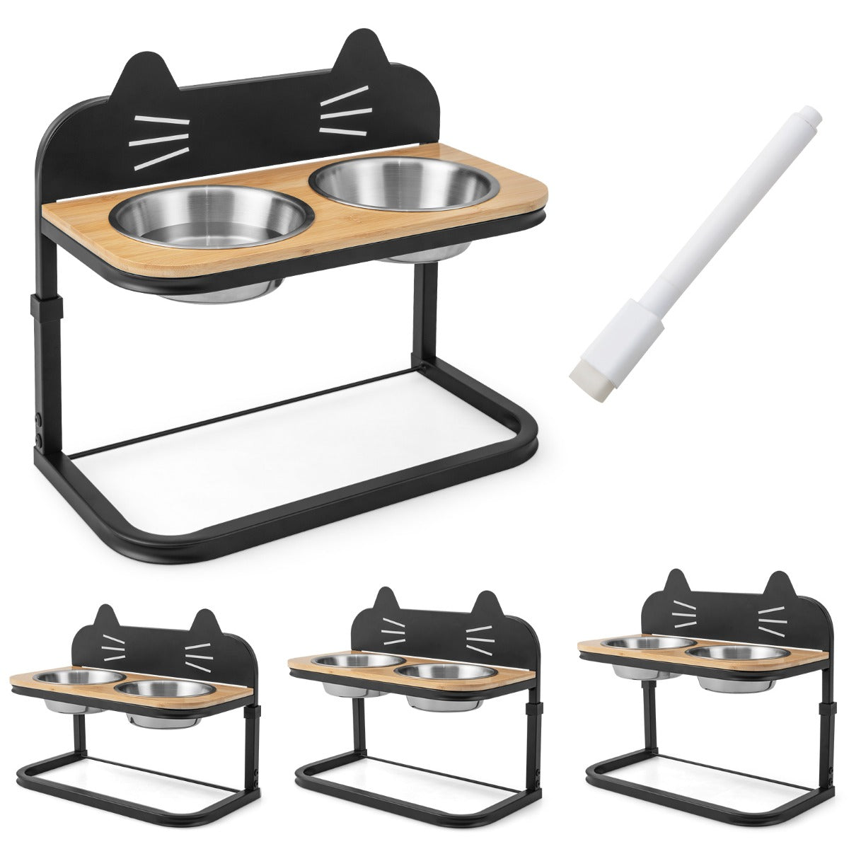 LIVSK Verhoogd Voederstation - Verstelbaar in 3 Hoogtes - Inclusief 2 Roestvrijstalen Bakjes - Bamboe/Metaal - Zwart + Natuur