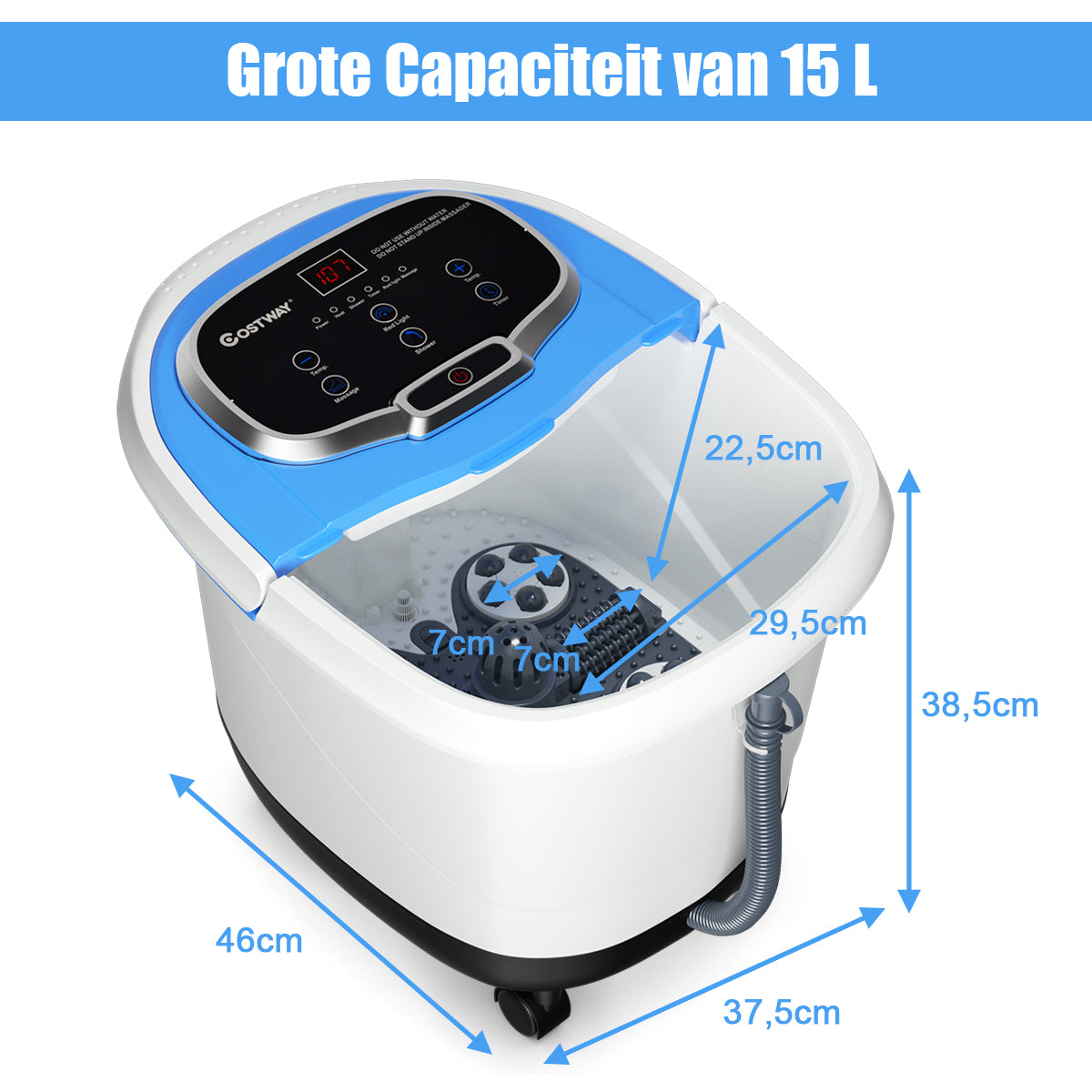 LIVSK Voetbad Massager met 6 Gemotoriseerde Rollen - Douchefunctie - Rood Licht - Temperatuurregeling - 15 L - Blauw