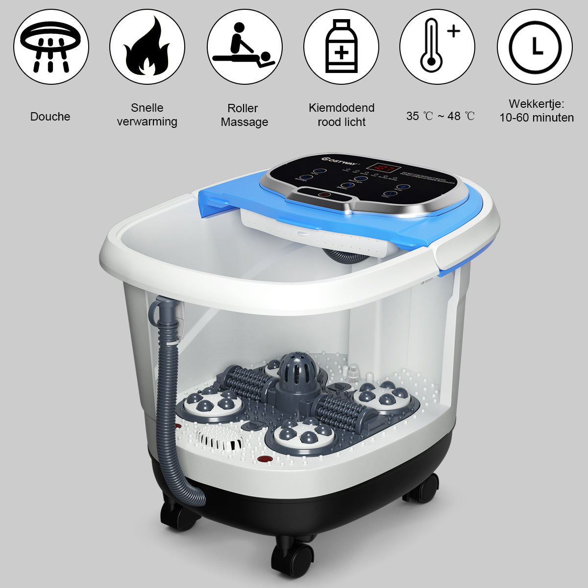 LIVSK Voetbad Massager met 6 Gemotoriseerde Rollen - Douchefunctie - Rood Licht - Temperatuurregeling - 15 L - Blauw