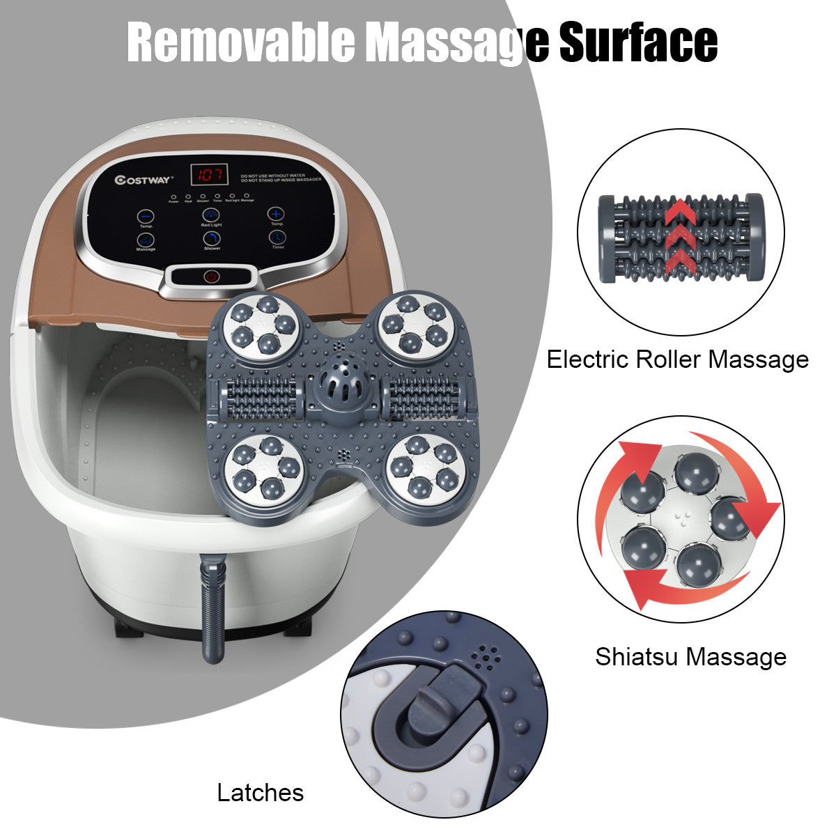 LIVSK Voetbad Massager - 6 Gemotoriseerde Massage Rollen - Douche Functie - Temperatuurregeling - Afneembaar Oppervlak - Koffie