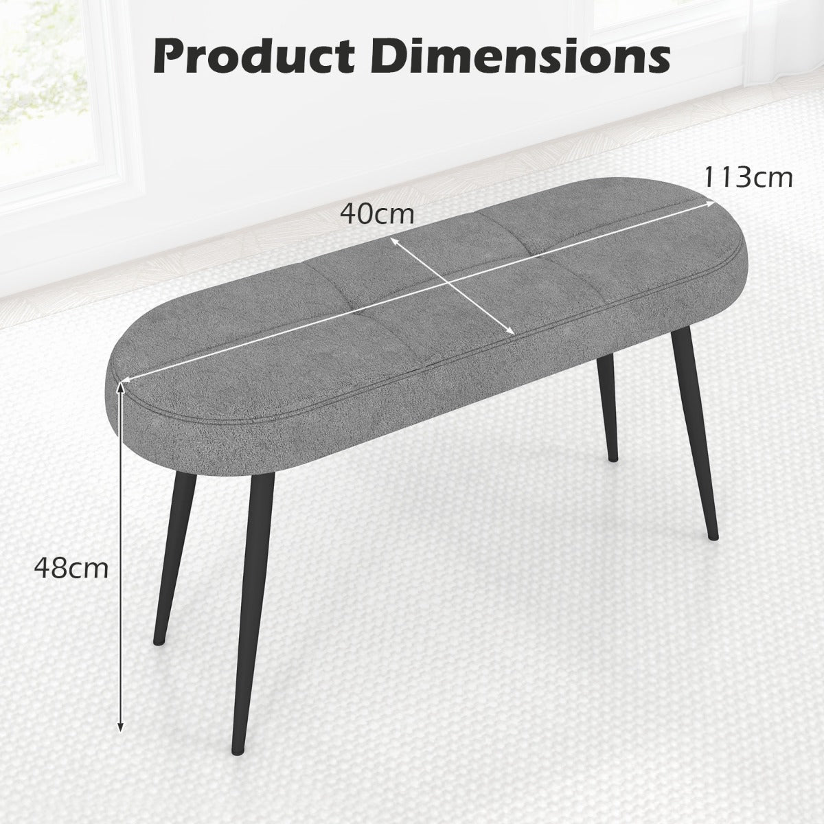 LIVSK Gevoerde Schoenenbank - 113 x 40 x 48 cm - Comfortabel voor 2 Personen - Sterk Metaal - Tot 300 kg - Grijs