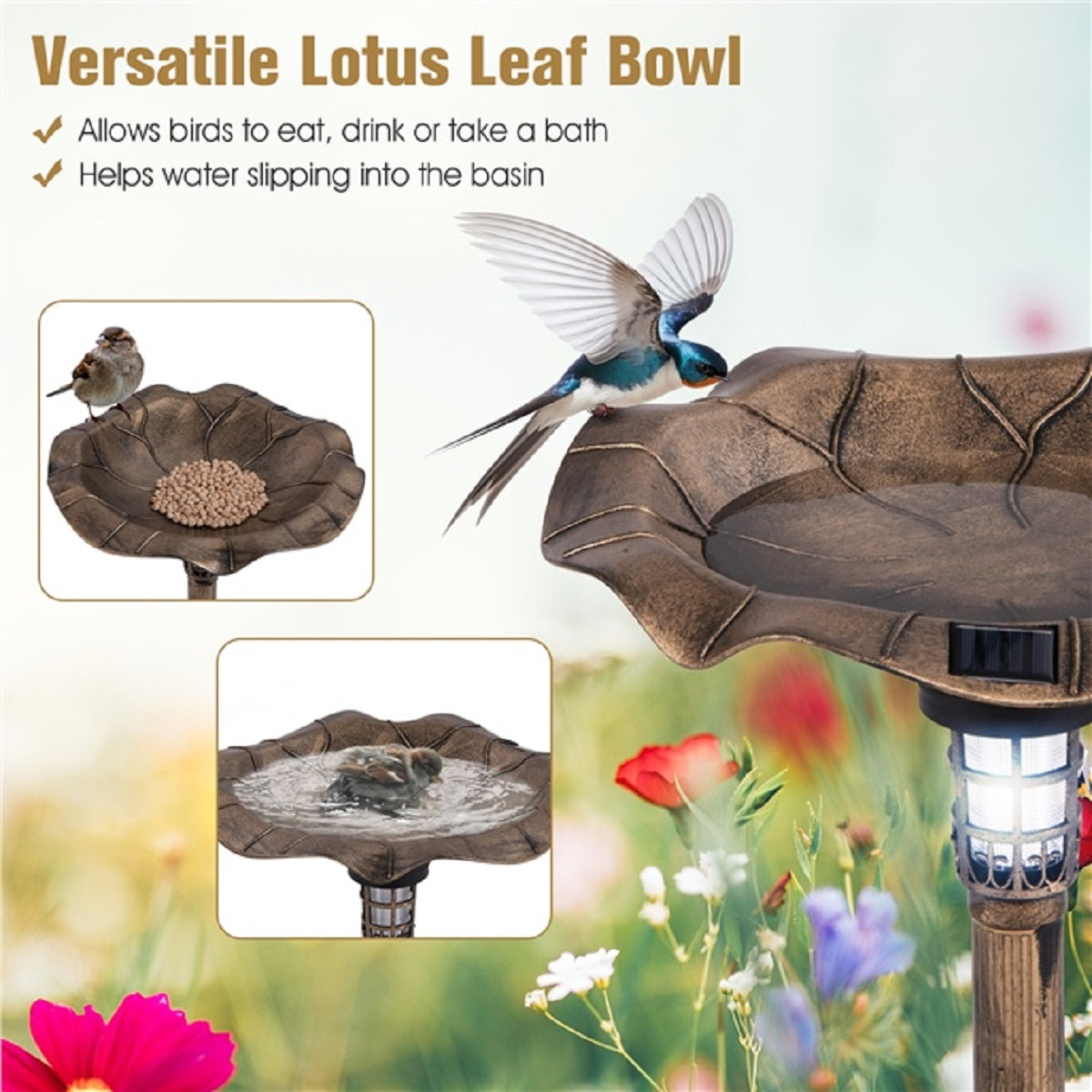 LIVSK Vogelbad met Solarverlichting - Multifunctioneel met Lotusbladvorm - Weerbestendig - Eenvoudige Montage - Ø43 x 76 cm -