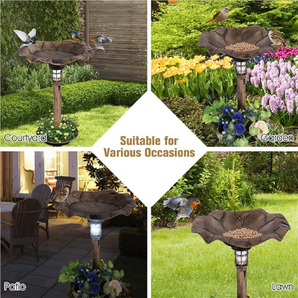 LIVSK Vogelbad met Solarverlichting - Multifunctioneel met Lotusbladvorm - Weerbestendig - Eenvoudige Montage - Ø43 x 76 cm -