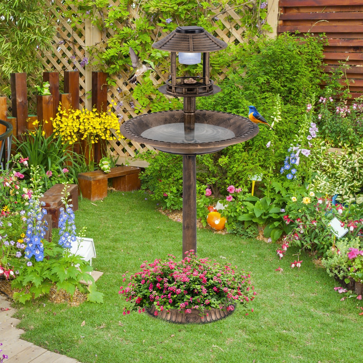 LIVSK Vogelbad op Zonne-energie - LED Verlichting - Duurzaam PP - Voederbak en Bad - 51 x 51 x 107 cm - Brons
