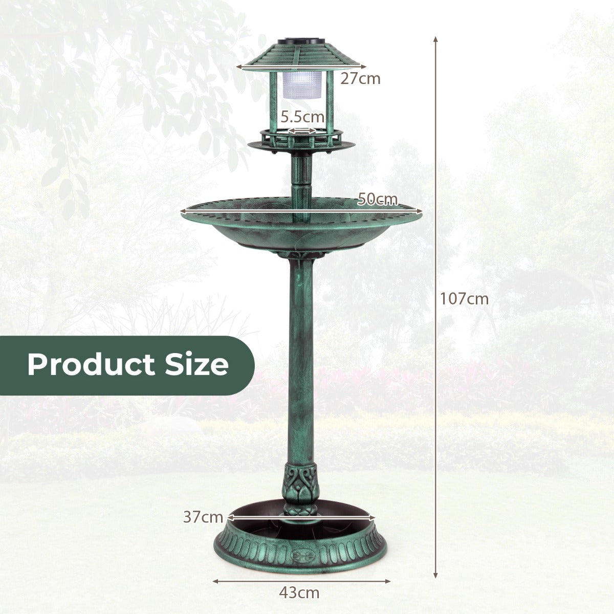 LIVSK Vogelbad met Solarverlichting - Duurzaam PP - Inclusief 2 Kommen en Zonnepaneel - Retro Design - 51 x 51 x 107 cm - Groen