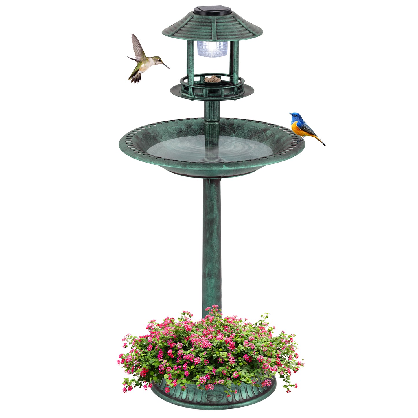 LIVSK Vogelbad met Solarverlichting - Duurzaam PP - Inclusief 2 Kommen en Zonnepaneel - Retro Design - 51 x 51 x 107 cm - Groen