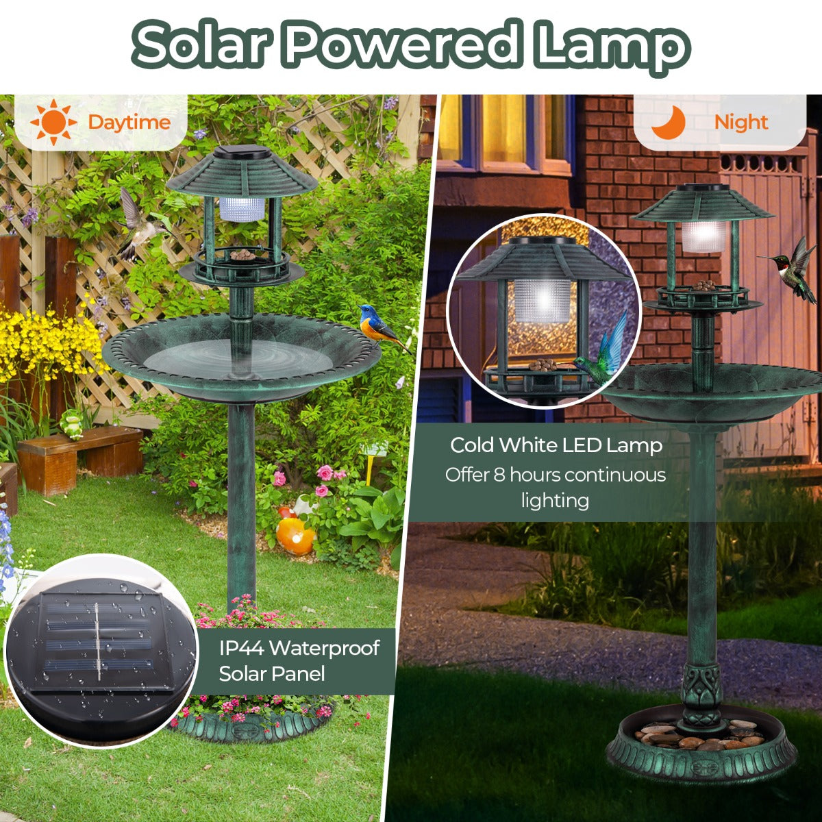 LIVSK Vogelbad met Solarverlichting - Duurzaam PP - Inclusief 2 Kommen en Zonnepaneel - Retro Design - 51 x 51 x 107 cm - Groen