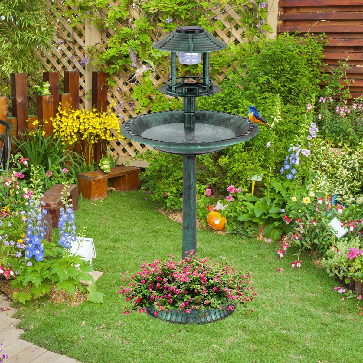 LIVSK Vogelbad met Solarverlichting - Duurzaam PP - Inclusief 2 Kommen en Zonnepaneel - Retro Design - 51 x 51 x 107 cm - Groen
