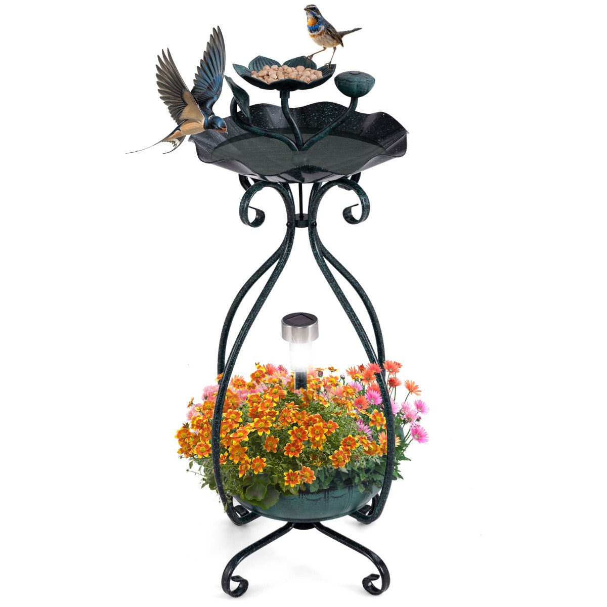 LIVSK Vogelbad met Zonnepaneel - 3-in-1 Multifunctioneel met LED-verlichting - Bloemvormige Voederplaats - Lotusblad - Groen