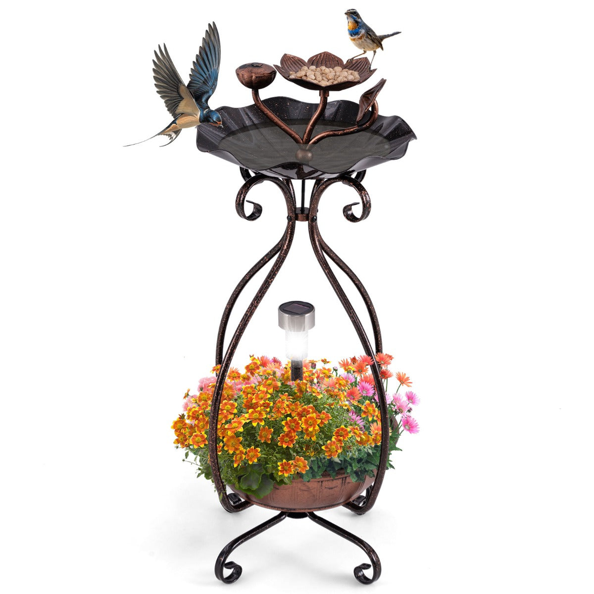LIVSK Zonne-voederbak voor Vogels - 3-in-1 Met LED Verlichting - Bloempot met Afwateringsgaten - Duurzaam Metaal - Brons
