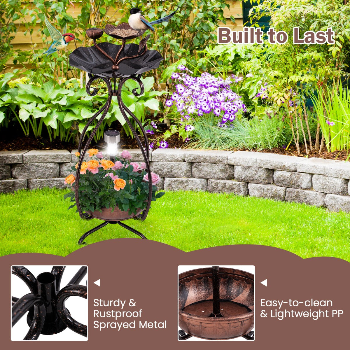 LIVSK Zonne-voederbak voor Vogels - 3-in-1 Met LED Verlichting - Bloempot met Afwateringsgaten - Duurzaam Metaal - Brons