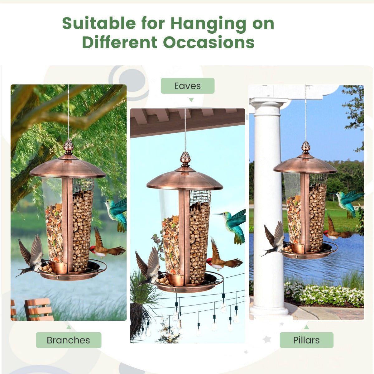 LIVSK Hangende Vogelvoederdispenser - 2-in-1 met 2 Buizen voor Verschillende Zaden - Weerbestendig - Verhoogd Dienblad - Brons