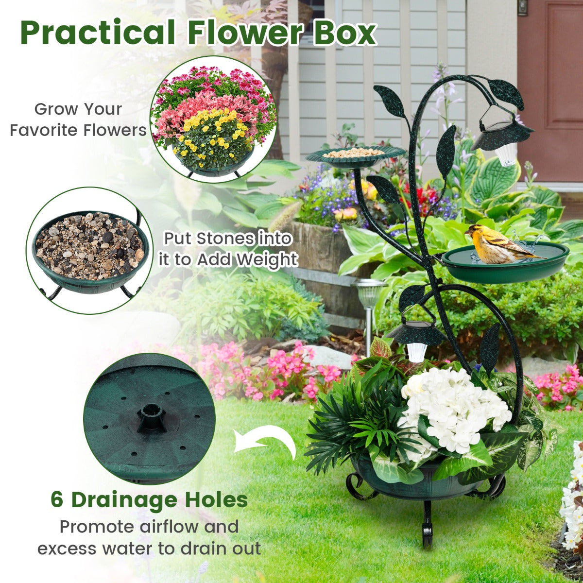 LIVSK Vogelvoederhuisje op Zonne-energie - Vogelbad en Voederhuisje met Solarverlichting - Duurzaam en Decoratief - Brons