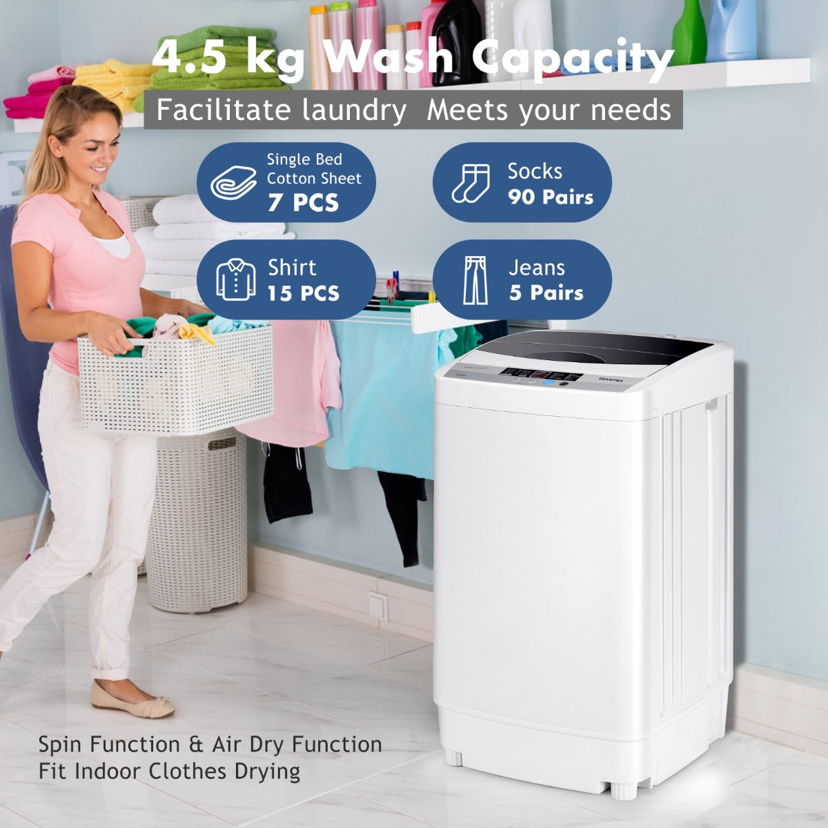 LIVSK Volautomatische Miniwasmachine - Energiezuinig - Capaciteit 4,5 kg - 10 Programma's - Compact Design - Grijs