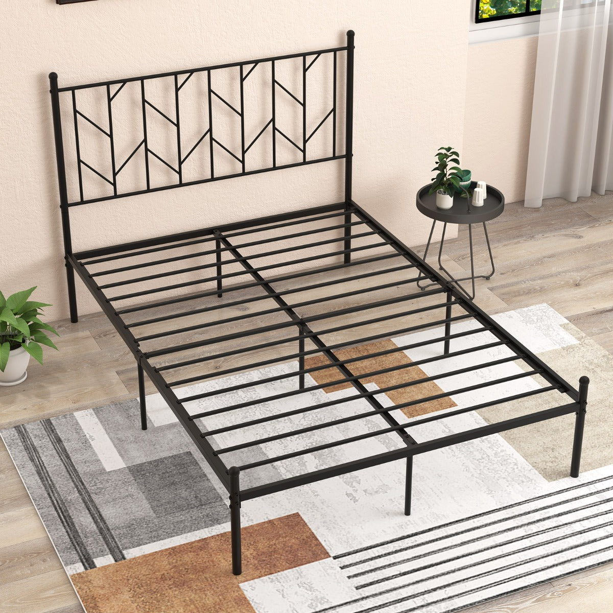 LIVSK Platformbedframe - Stevige Metalen Constructie - Geluidsarm - Hoofdbord met Finial - Draagvermogen 360 kg - Zwart