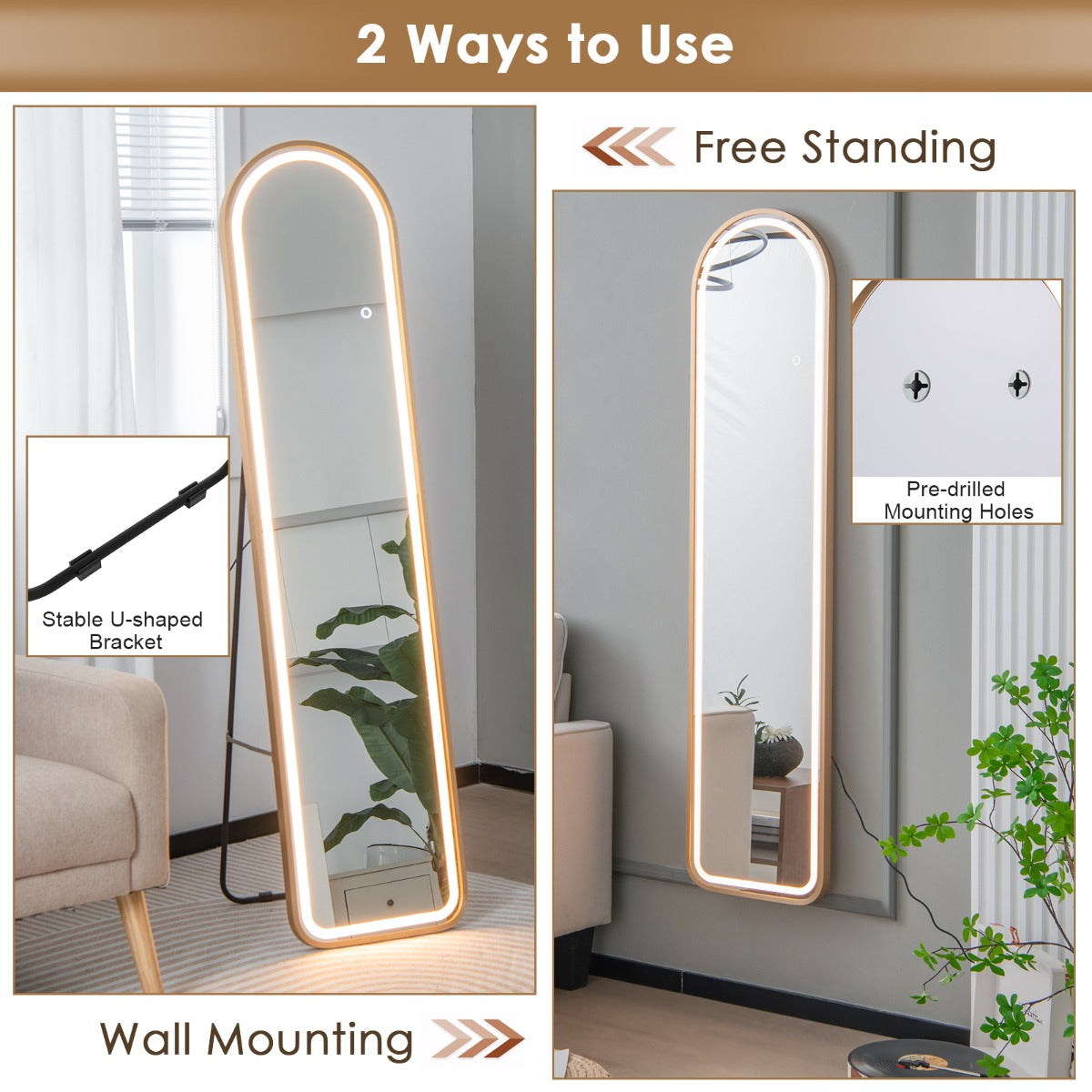 LIVSK LED-verlichte staande spiegel - HD onbreekbaar glas - Verstelbare kleur en helderheid - Aluminium frame - 37 x 38 x 155 cm