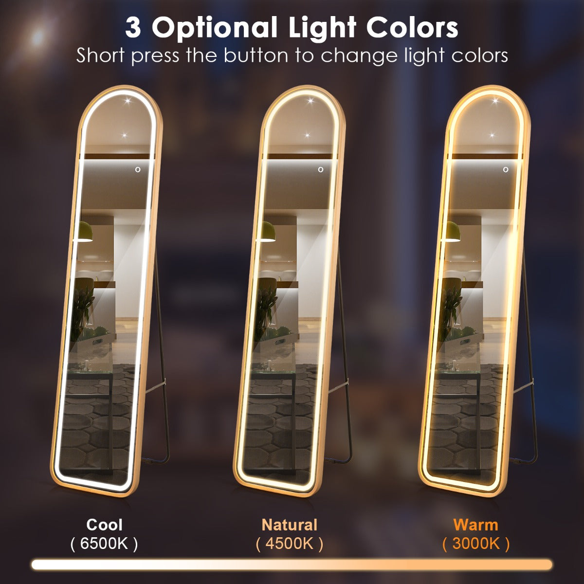 LIVSK LED-verlichte staande spiegel - HD onbreekbaar glas - Verstelbare kleur en helderheid - Aluminium frame - 37 x 38 x 155 cm