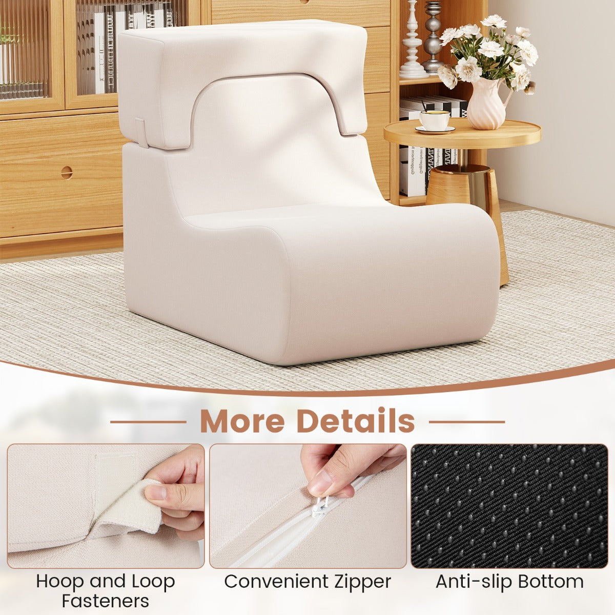 Livsk costway volwassen vloerstoel met verstelbare rugleuning en afneembare hoofdsteun beige 5