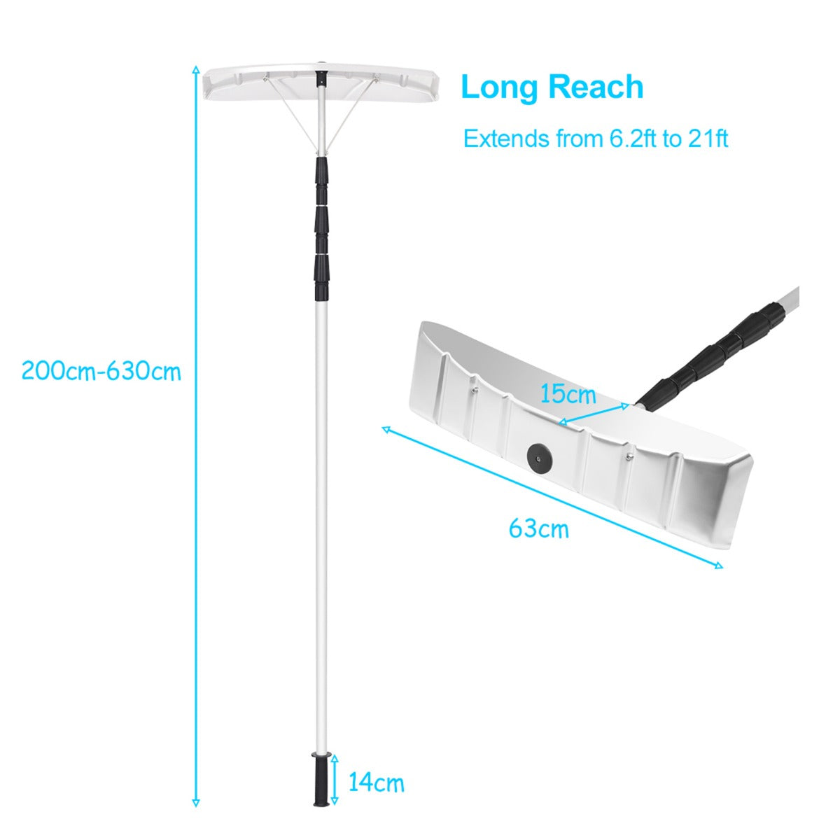 LIVSK telescopische sneeuwschep - Verstelbare steel 190-630 cm - Lichtgewicht en ruimtebesparend - Zilverwit