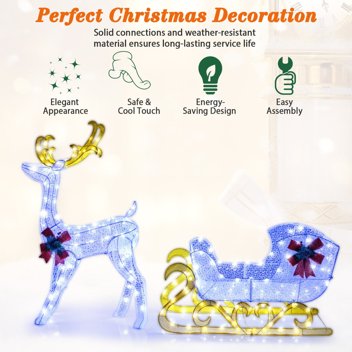 LIVSK Kerst Rendier en Slee Decoratieset - 215 LED-lampen - Stevig Metaal - Binnen en Buiten - 50 x 184 x 126 cm - Rood