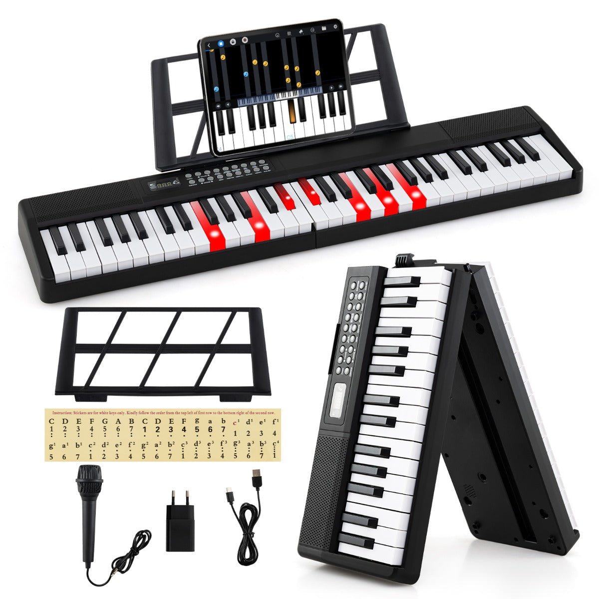 LIVSK Vouwbaar 61 - toetsen Digitale Piano Keyboard - Dual Luidsprekers - 3 Lesmodi - Opvouwbaar Ontwerp - Inclusief Microfoon