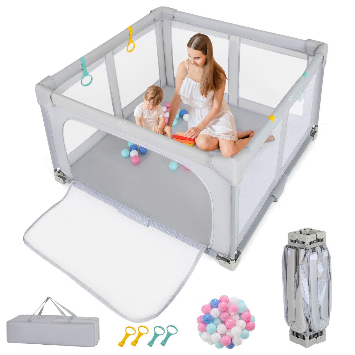 LIVSK Vouwbare Speelbox voor Baby's - Ruimte van 127 x 127 cm - Stevig Metalen Frame - Ritsdeur - Inclusief 50 Speelballen - Grijs