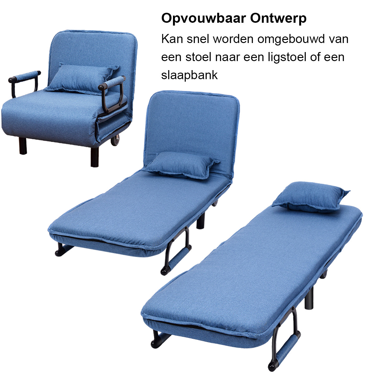 LIVSK 3-in-1 Opvouwbare Bank - Ligstoel en Bed - Ruimtebesparend - Stevig Stalen Frame - Draagvermogen tot 150 kg - Blauw