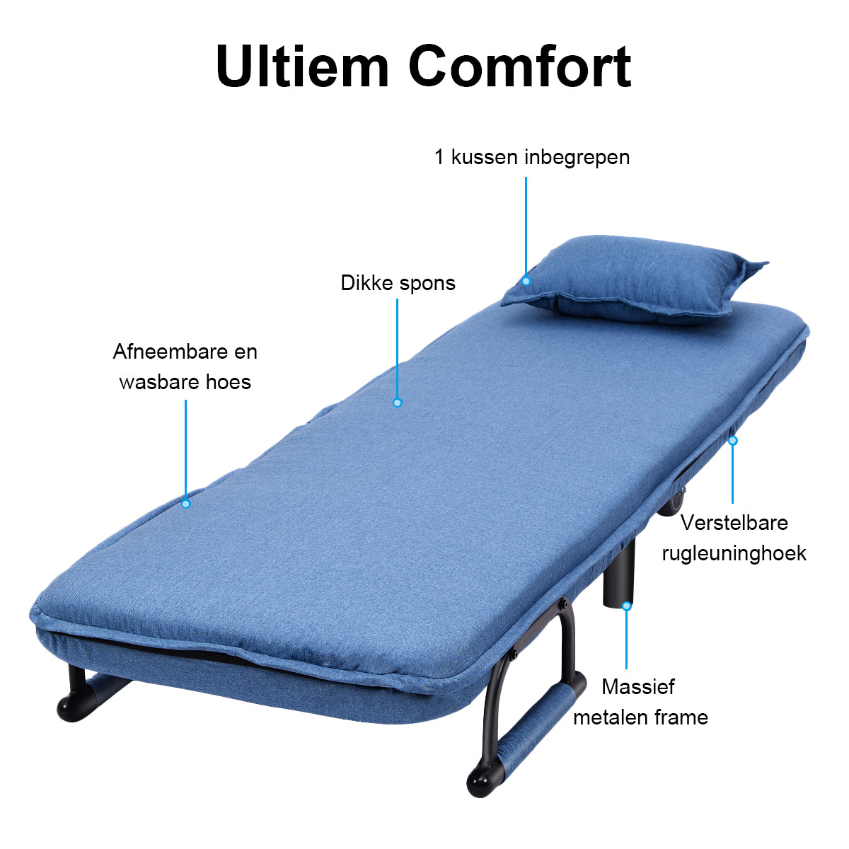 LIVSK 3-in-1 Opvouwbare Bank - Ligstoel en Bed - Ruimtebesparend - Stevig Stalen Frame - Draagvermogen tot 150 kg - Blauw