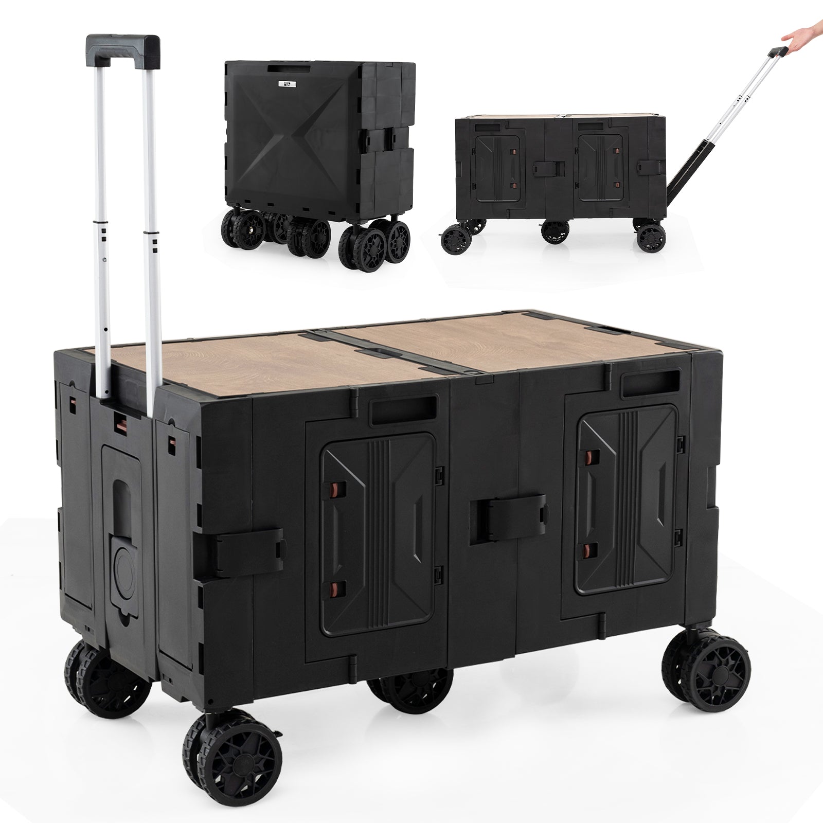 LIVSK Opvouwbare Servicewagen - Verstelbare Handgreep - 2 Boxen - 5 Wielen - Compact voor Opslag - Tot 60 kg - Zwart