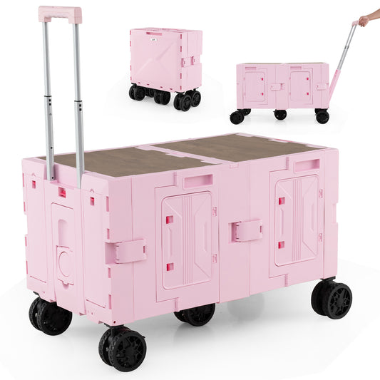 LIVSK Opvouwbare Servicewagen - 150 L Opslag - Verstelbare Handgreep - Tafelblad - Ideaal voor Boodschappen - Roze